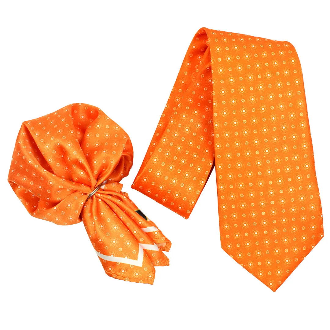 Peluche Mandarin Flora Orange Broad Neck Tie & Pocket Square Set for Men