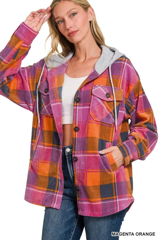 PENNY PLAID FLEECE SHACKET WITH HOOD