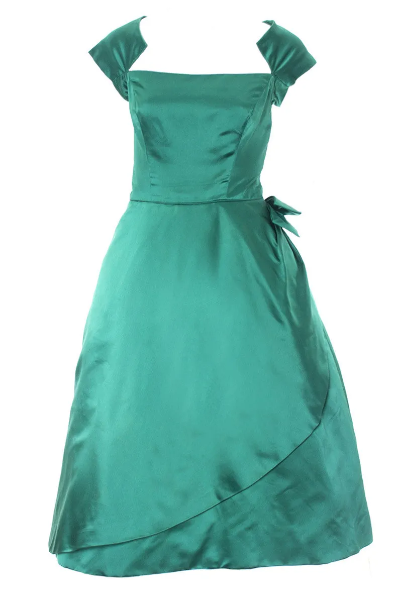 Philip Hulitar 1950s Vintage Green Satin Dress with Bow and Beautiful Neckline Size 6