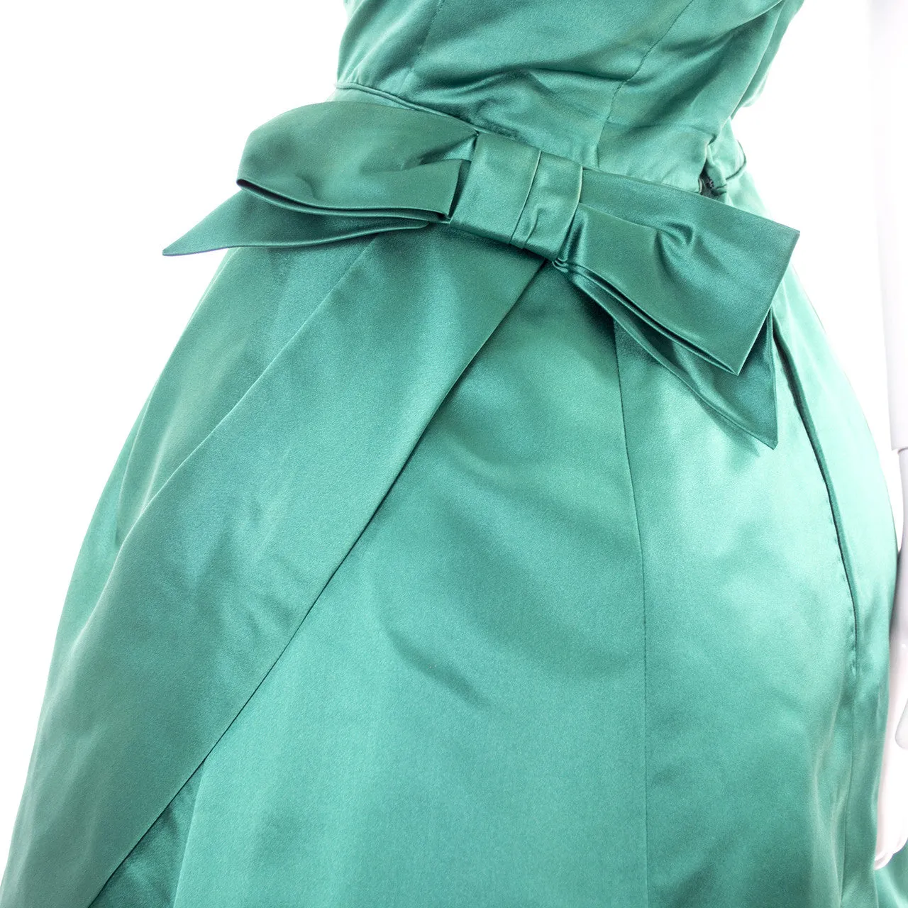 Philip Hulitar 1950s Vintage Green Satin Dress with Bow and Beautiful Neckline Size 6