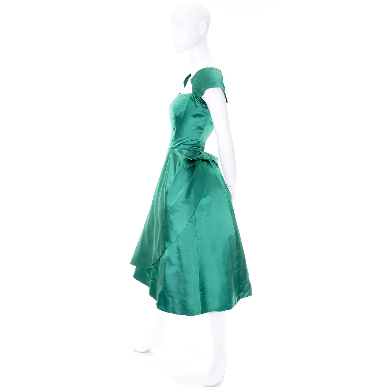 Philip Hulitar 1950s Vintage Green Satin Dress with Bow and Beautiful Neckline Size 6