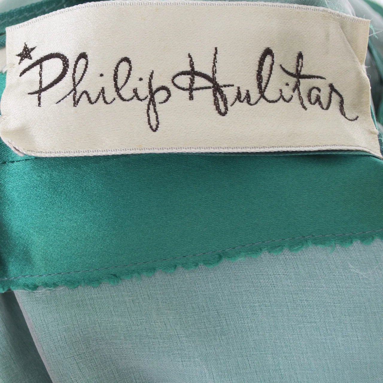 Philip Hulitar 1950s Vintage Green Satin Dress with Bow and Beautiful Neckline Size 6