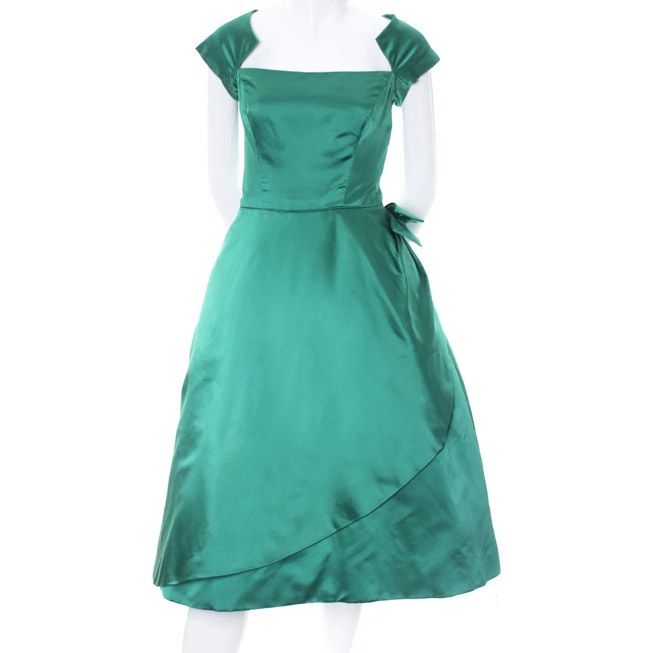 Philip Hulitar 1950s Vintage Green Satin Dress with Bow and Beautiful Neckline Size 6