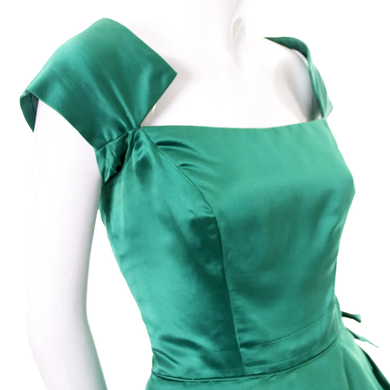 Philip Hulitar 1950s Vintage Green Satin Dress with Bow and Beautiful Neckline Size 6