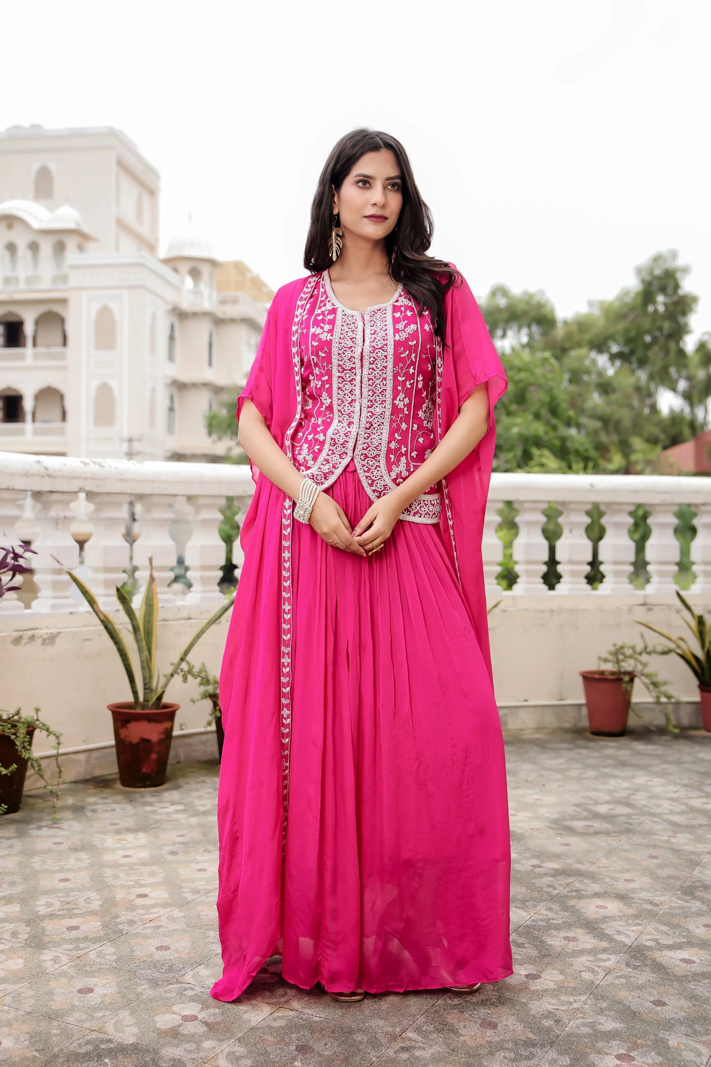 Pink Embellished Chinon Silk Cape Set