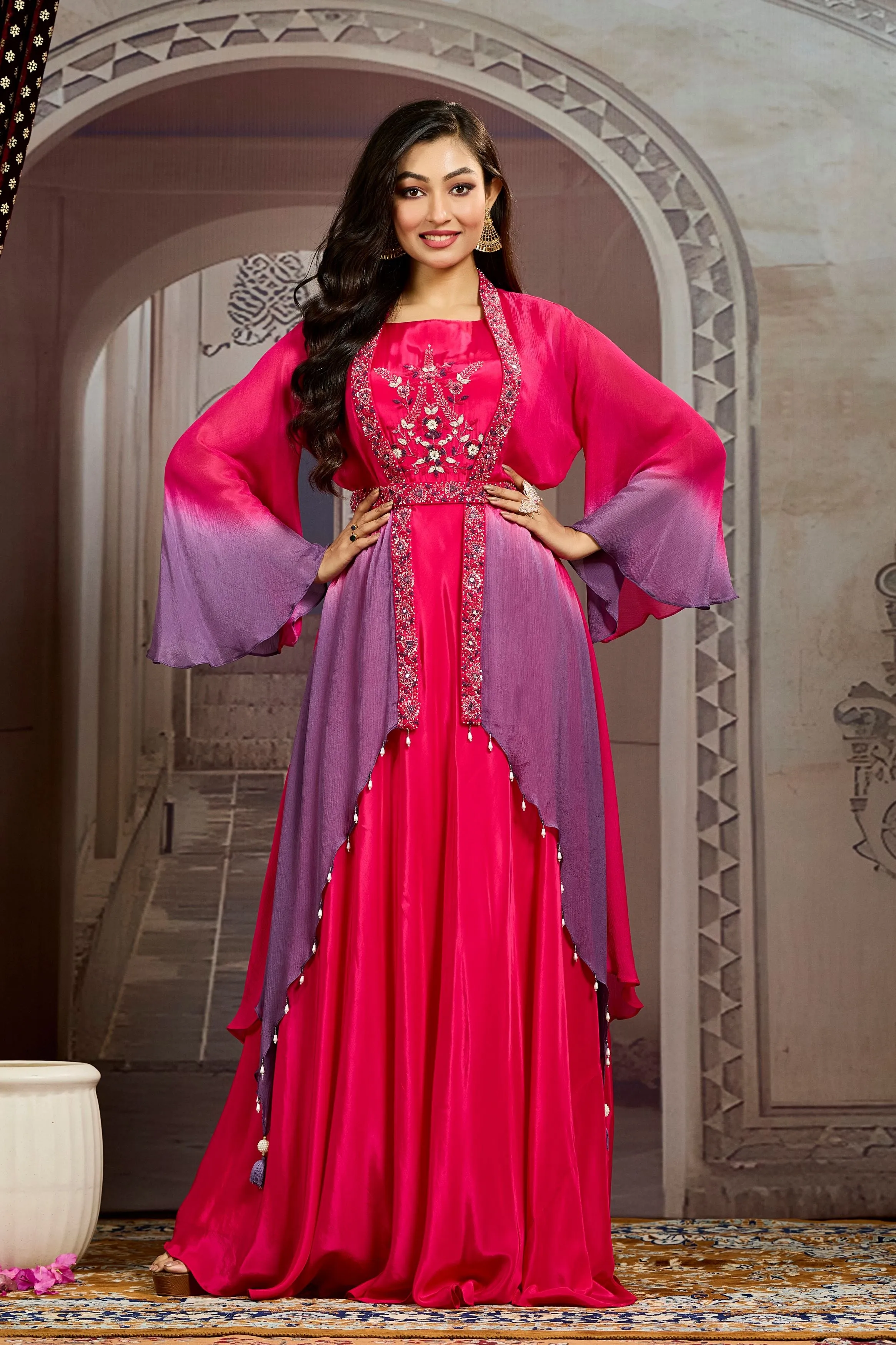 Pink Ombre-Dyed Chinon Silk Cape Gown