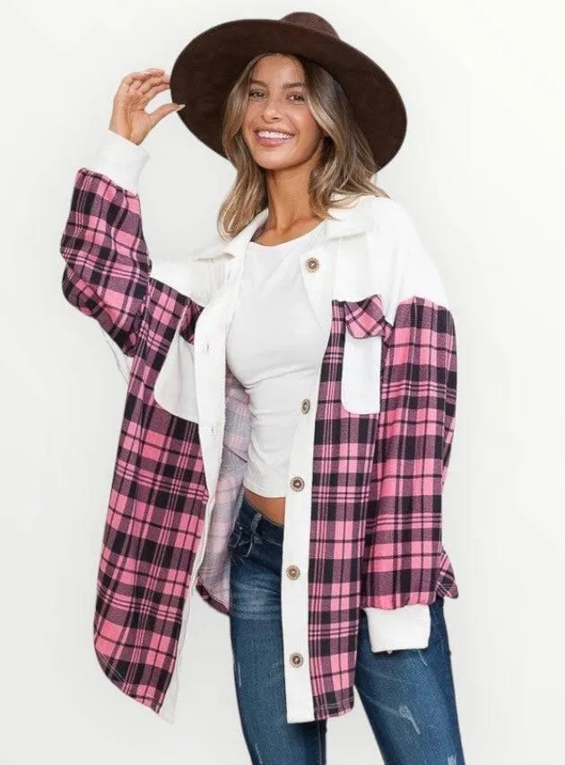 Pink plaid oversized shacket with pockets