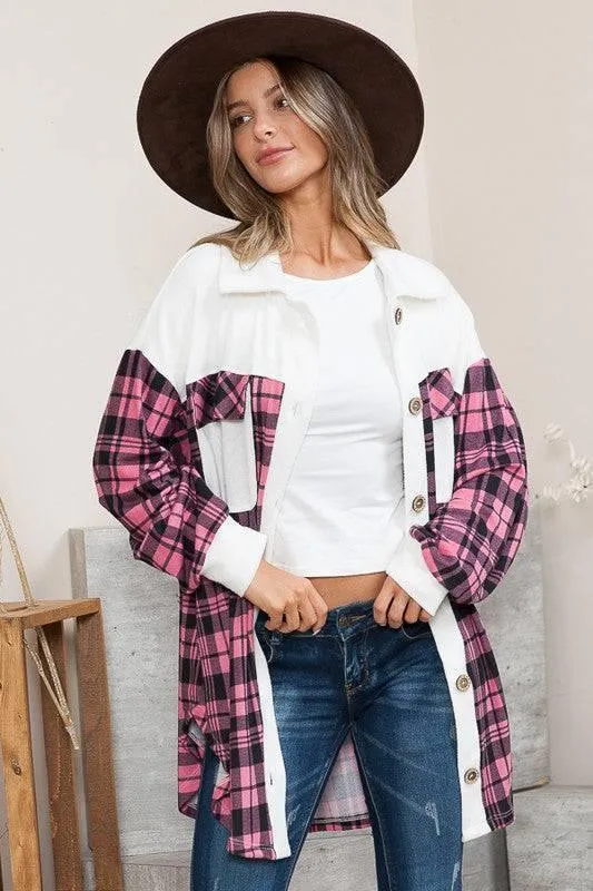 Pink plaid oversized shacket with pockets