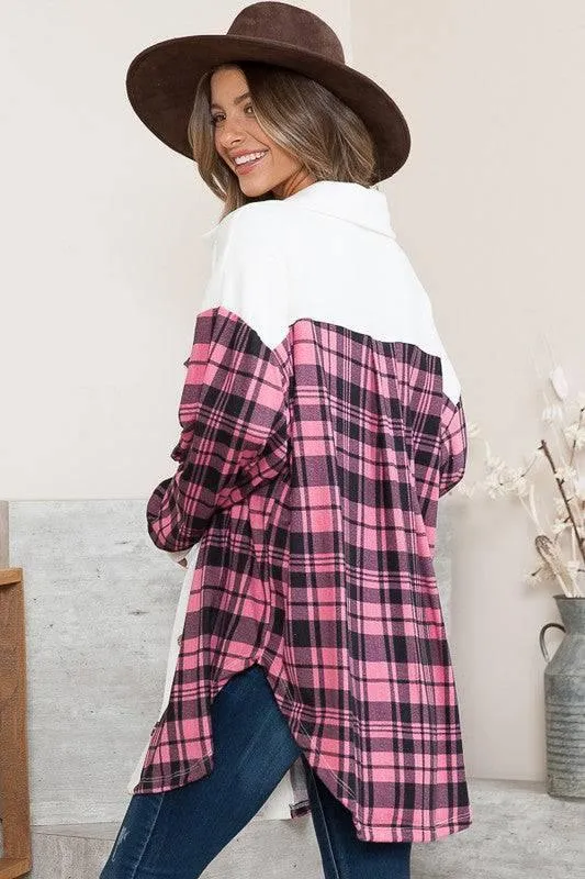 Pink plaid oversized shacket with pockets