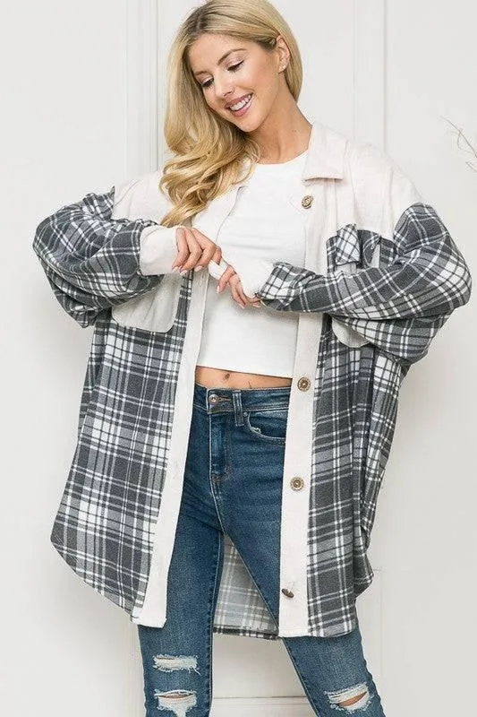 Pink plaid oversized shacket with pockets