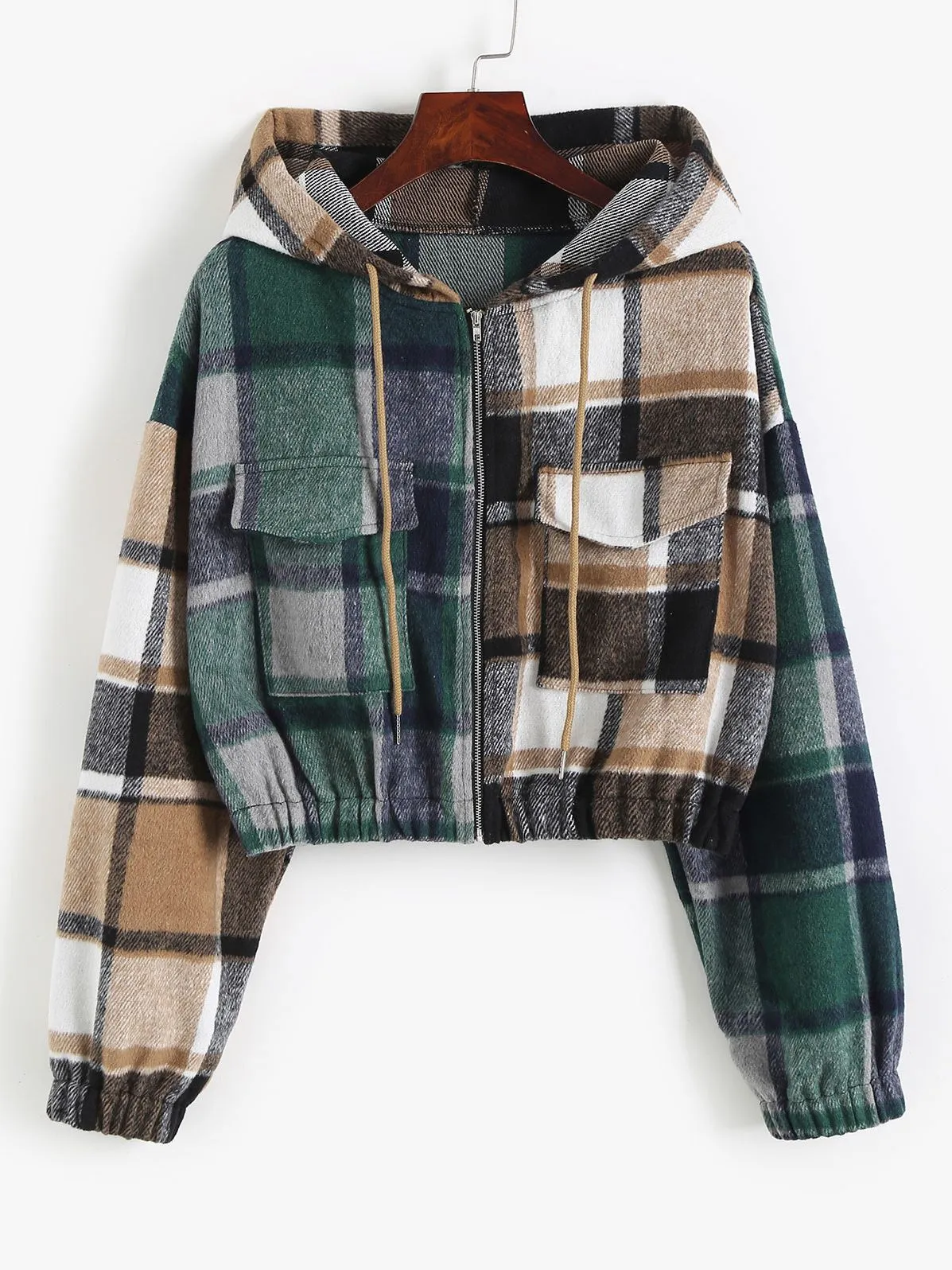 Plaid Flannel Flap Pocket Zip Hooded Jacket Women's Drop Shoulder Coat Zip Up Short Jacket Winter Outwear