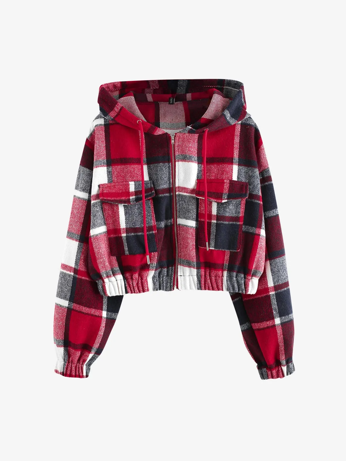 Plaid Flannel Flap Pocket Zip Hooded Jacket Women's Drop Shoulder Coat Zip Up Short Jacket Winter Outwear