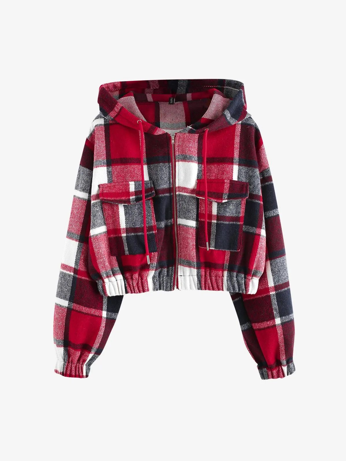 Plaid Flannel Flap Pocket Zip Hooded Jacket Women's Drop Shoulder Coat Zip Up Short Jacket Winter Outwear