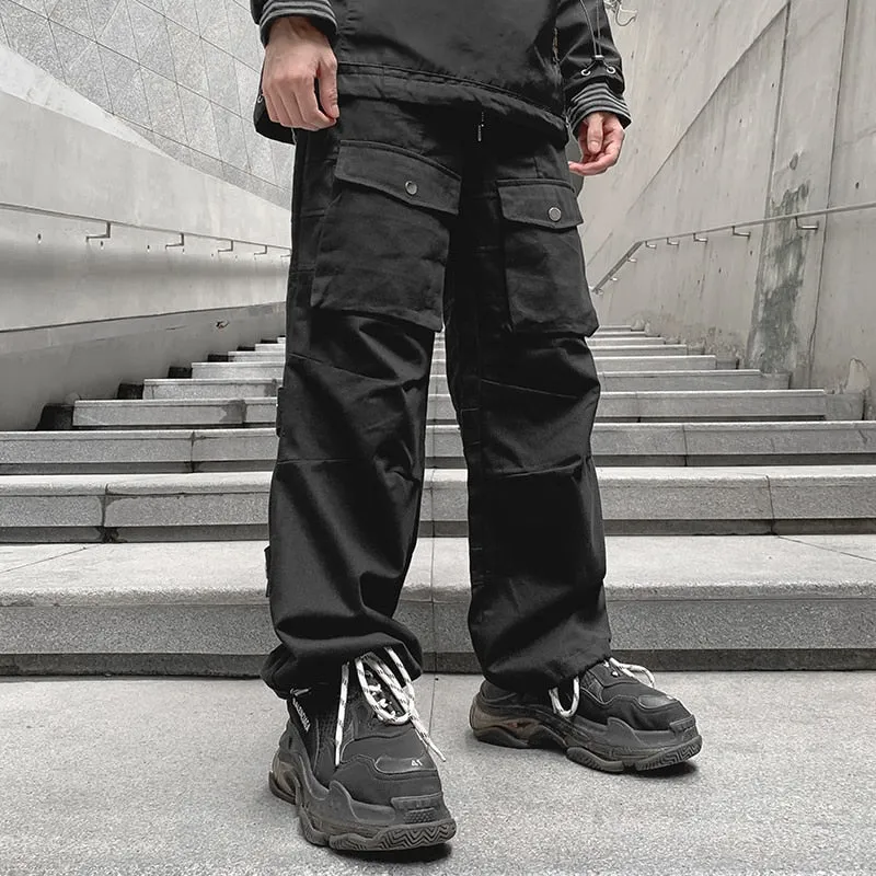 Pockets Decorated Loose Black Color Pants