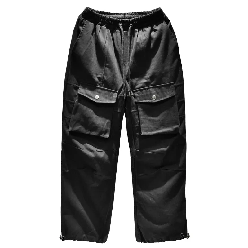 Pockets Decorated Loose Black Color Pants