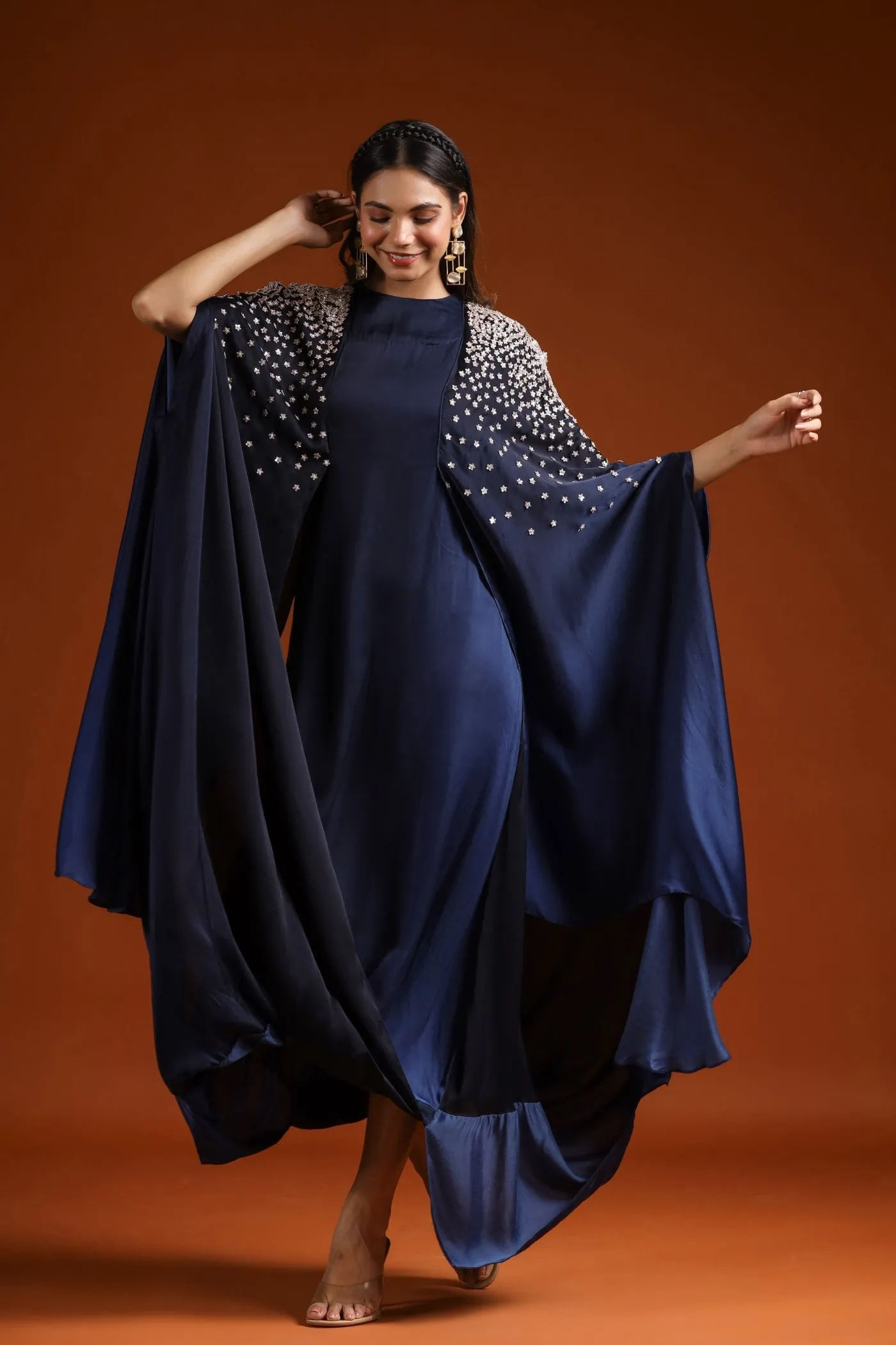 Prussian Blue Embellished Draped Gown