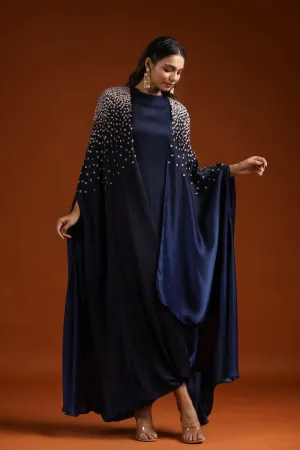 Prussian Blue Embellished Draped Gown