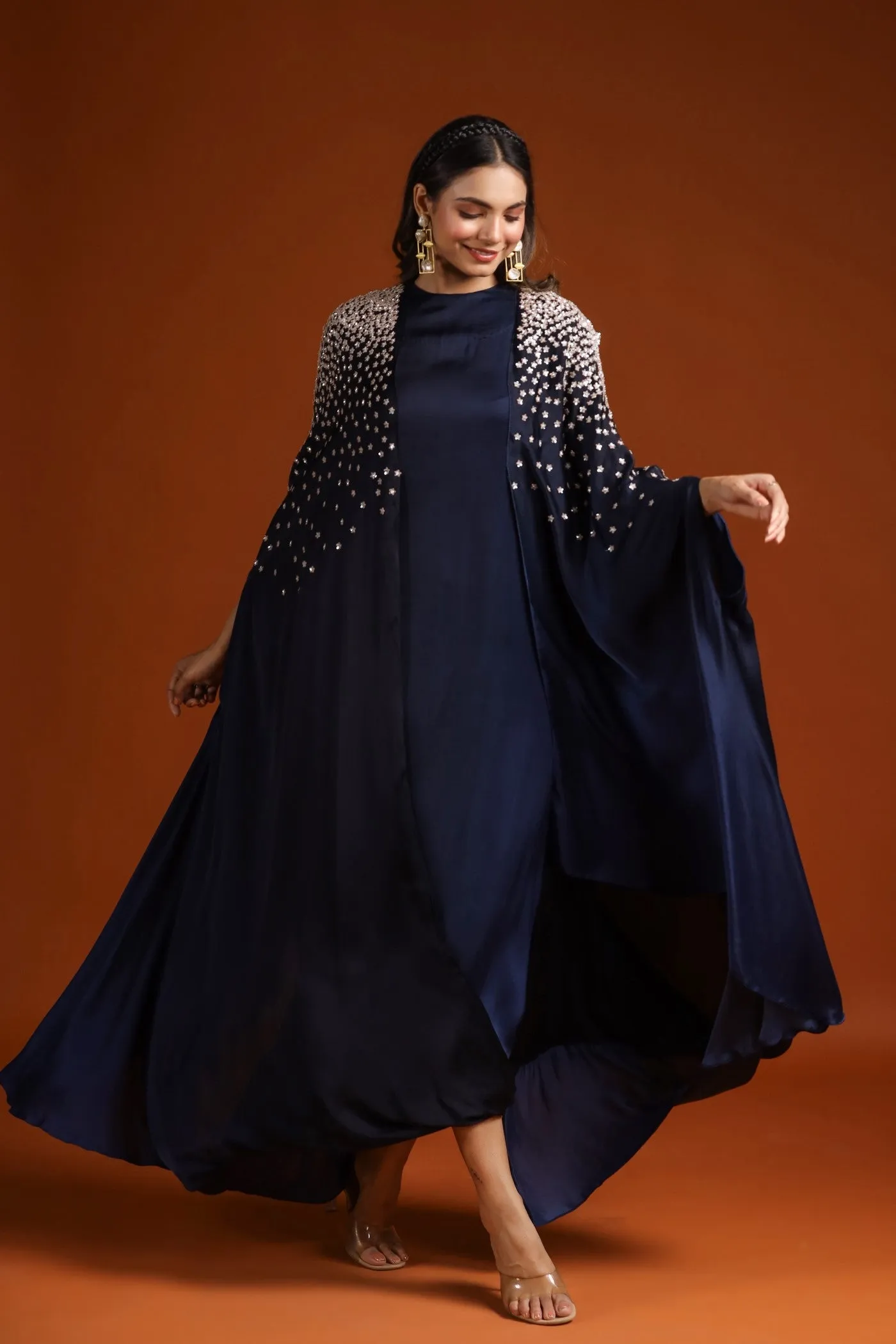 Prussian Blue Embellished Draped Gown