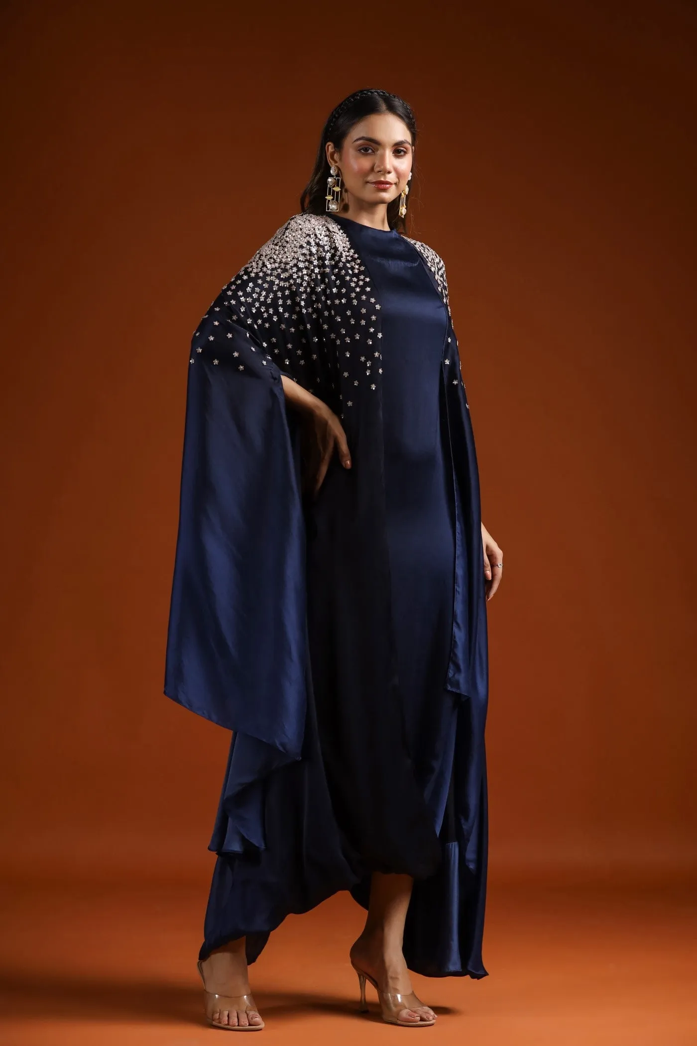 Prussian Blue Embellished Draped Gown