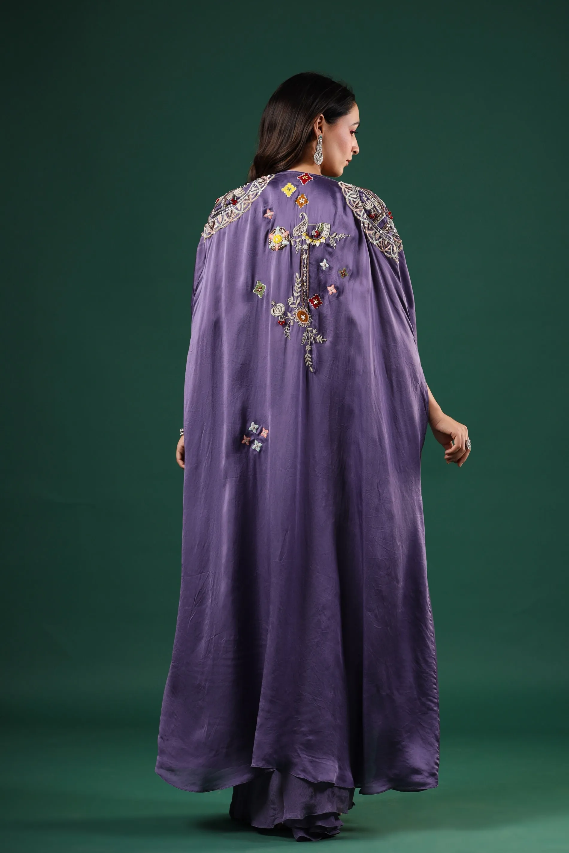 Purple Embellished Chinon Silk Skirt Set