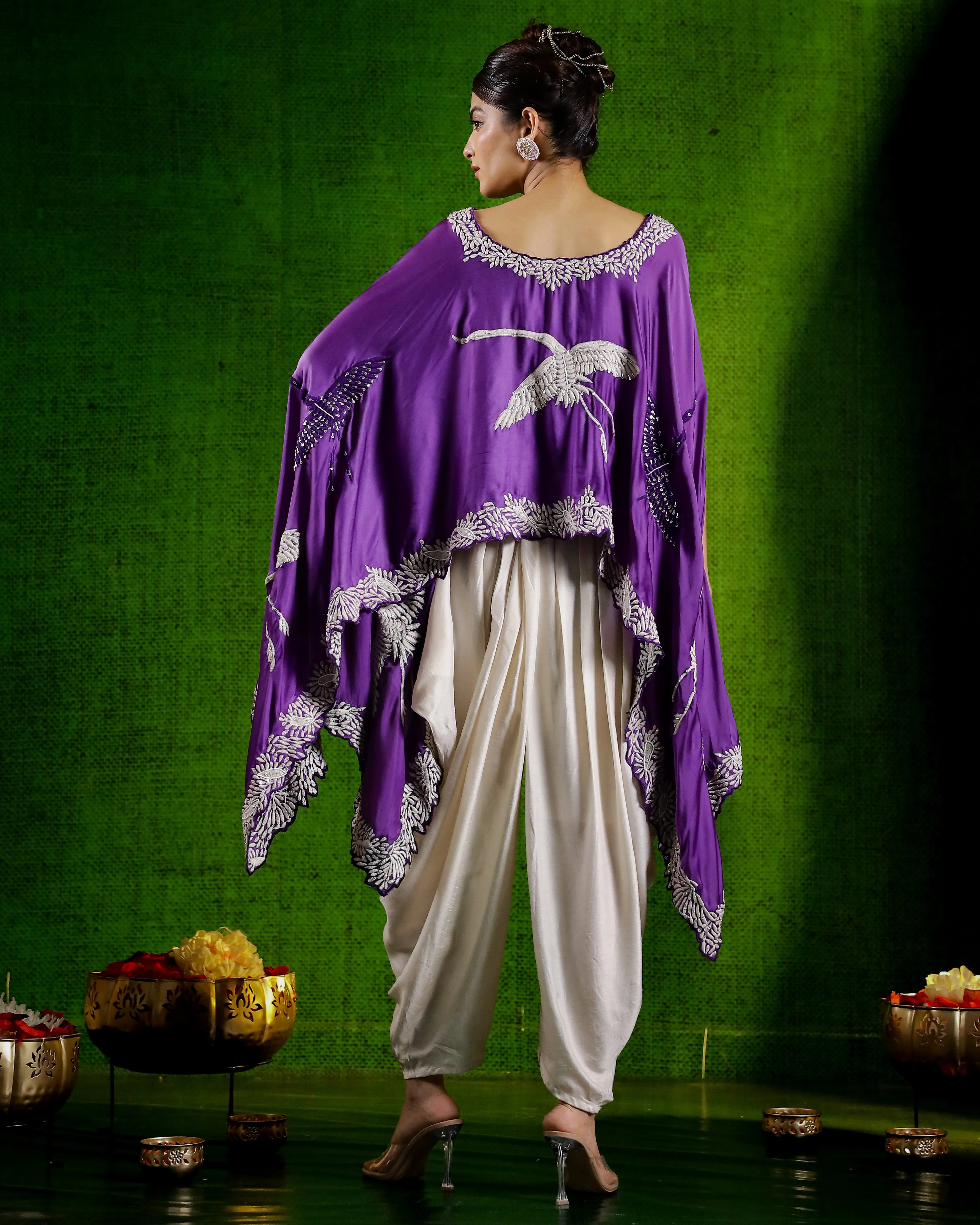 Purple Flamingo Embroidered Satin Silk Cape Set