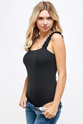 Rib flutter strap square neck bodysuit