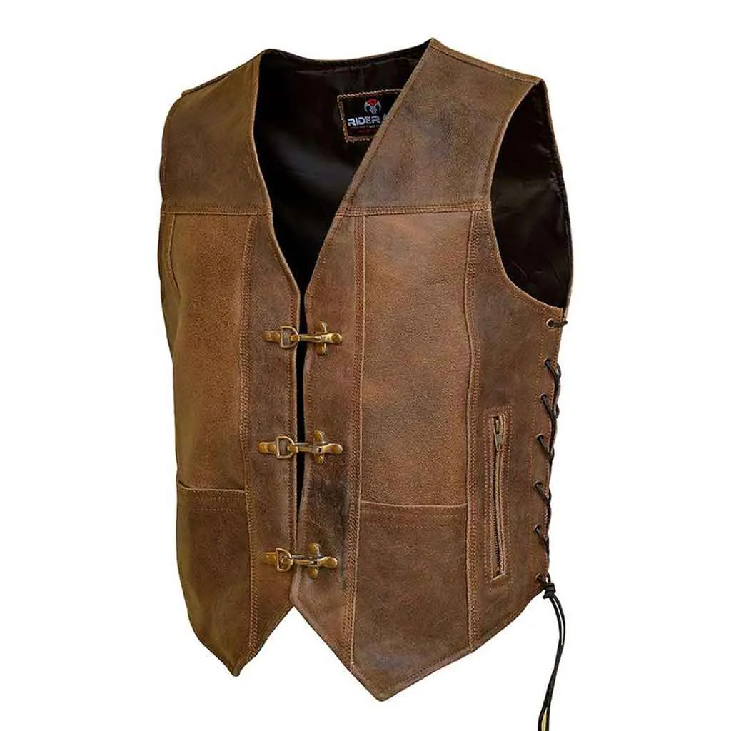 RIDERACT® Harley Distress Leather Vest Antique Clasp Closure