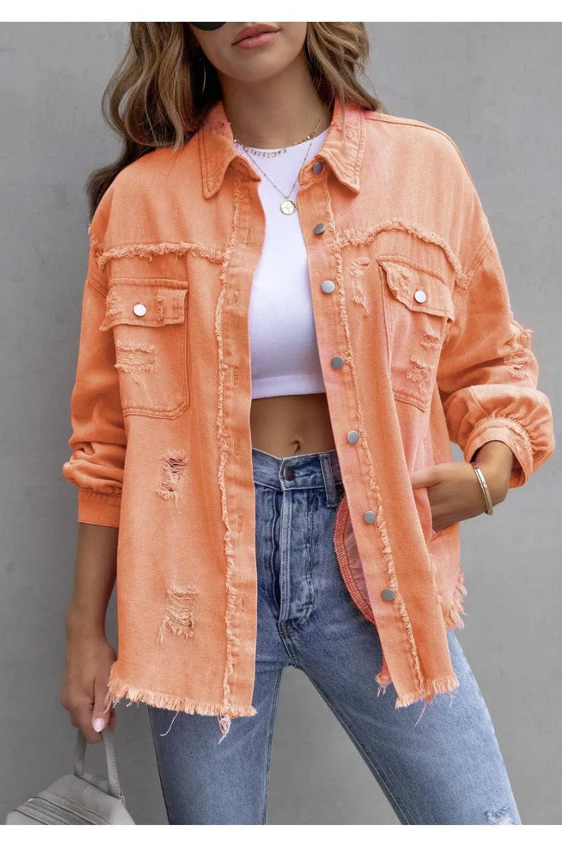 Ripped Fringe Jean Jacket - Orange