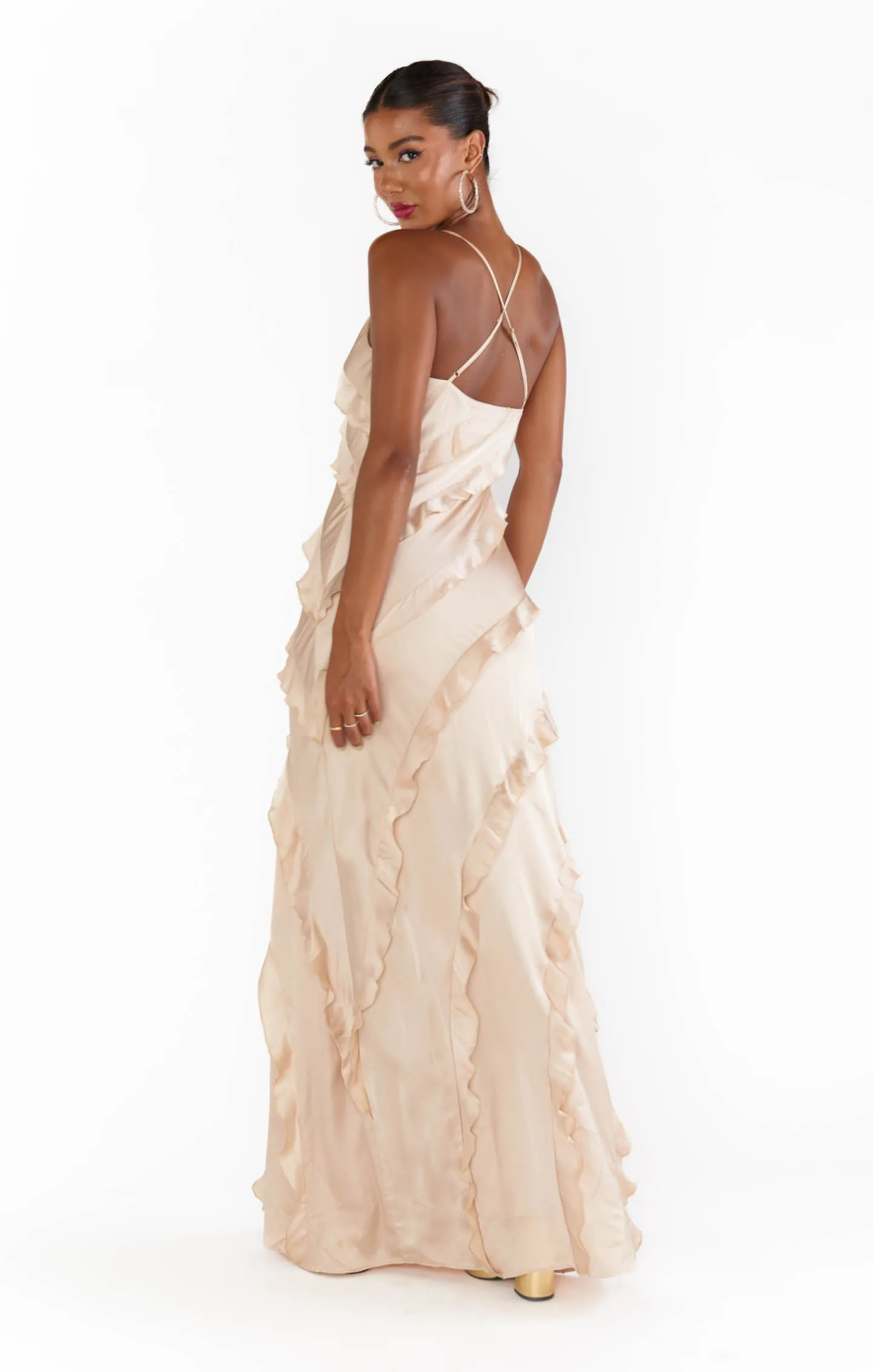 Romance Ruffle Dress ~ Champagne Luxe Satin