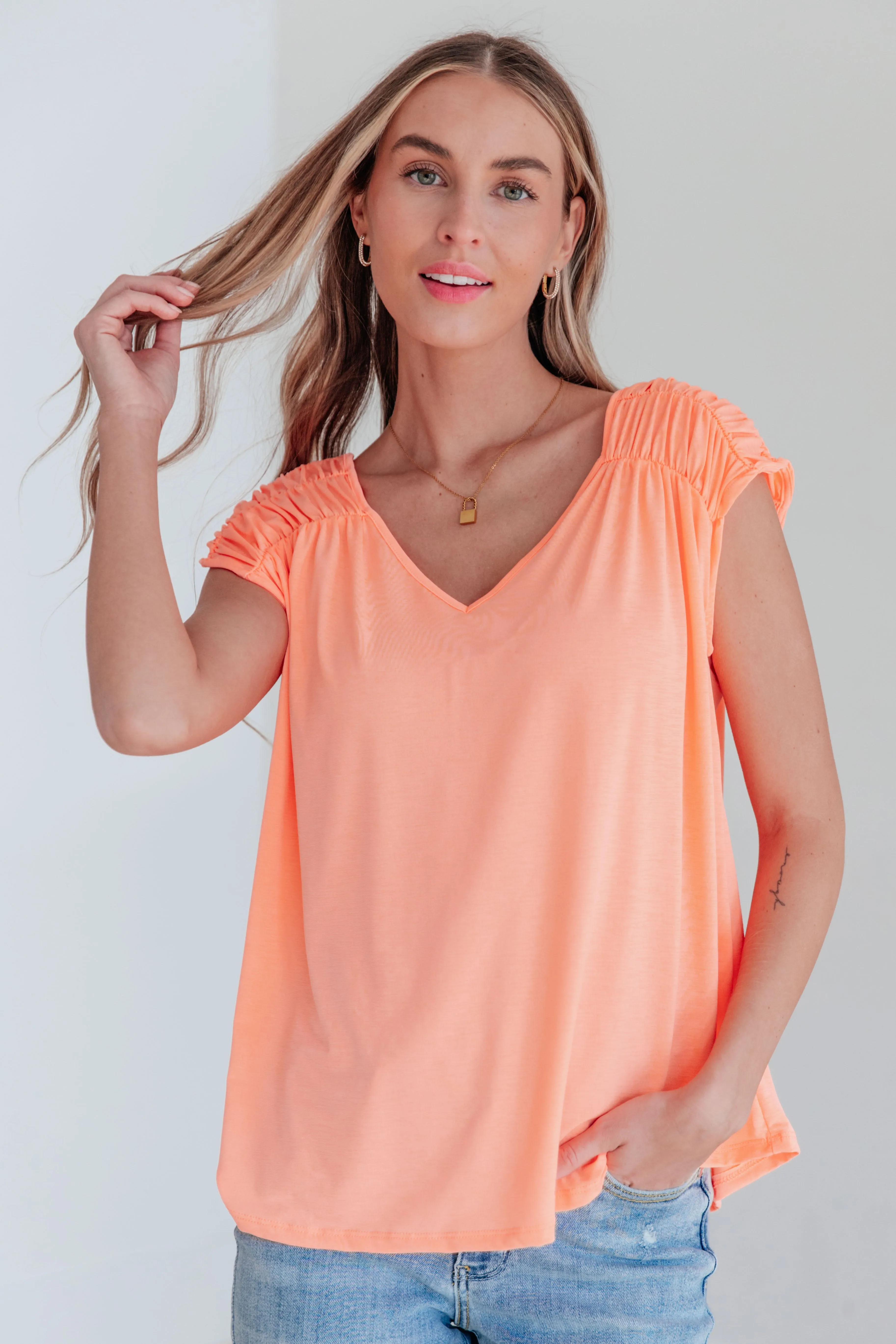 Ruched Cap Sleeve Top in Neon Orange - Dear Scarlett