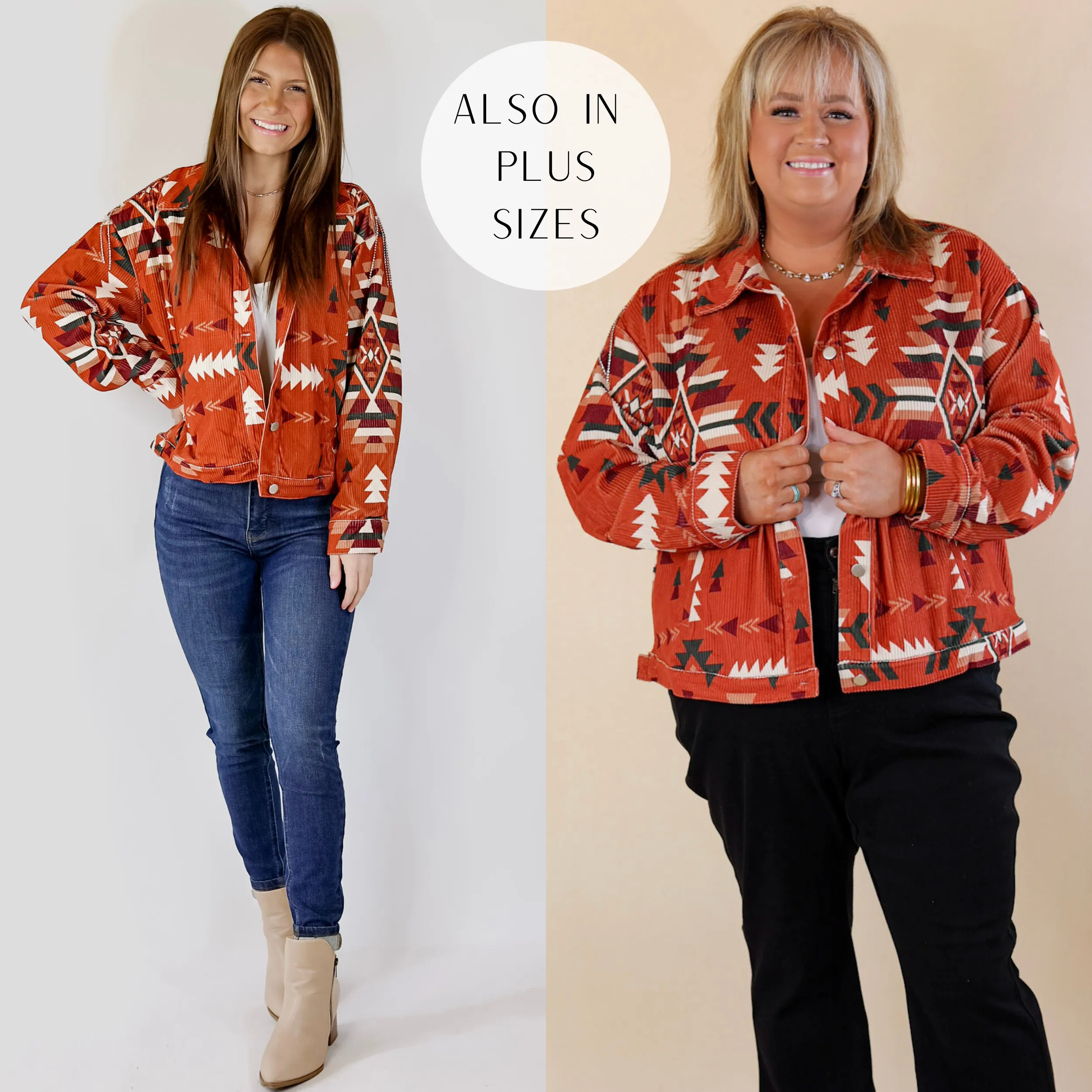 Signature Moves Aztec Print Jacket with Crystal Fringe in Rust Orange