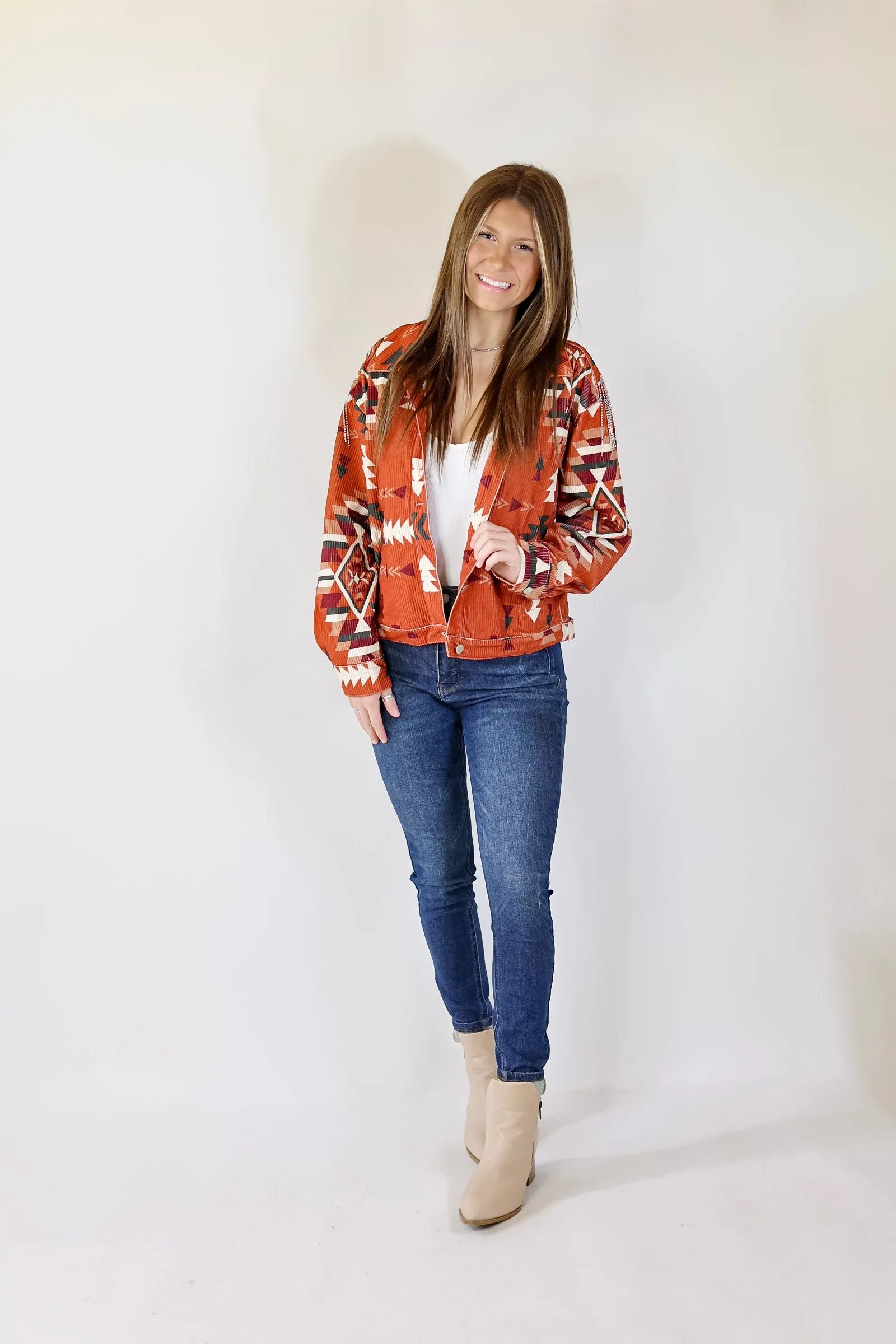 Signature Moves Aztec Print Jacket with Crystal Fringe in Rust Orange