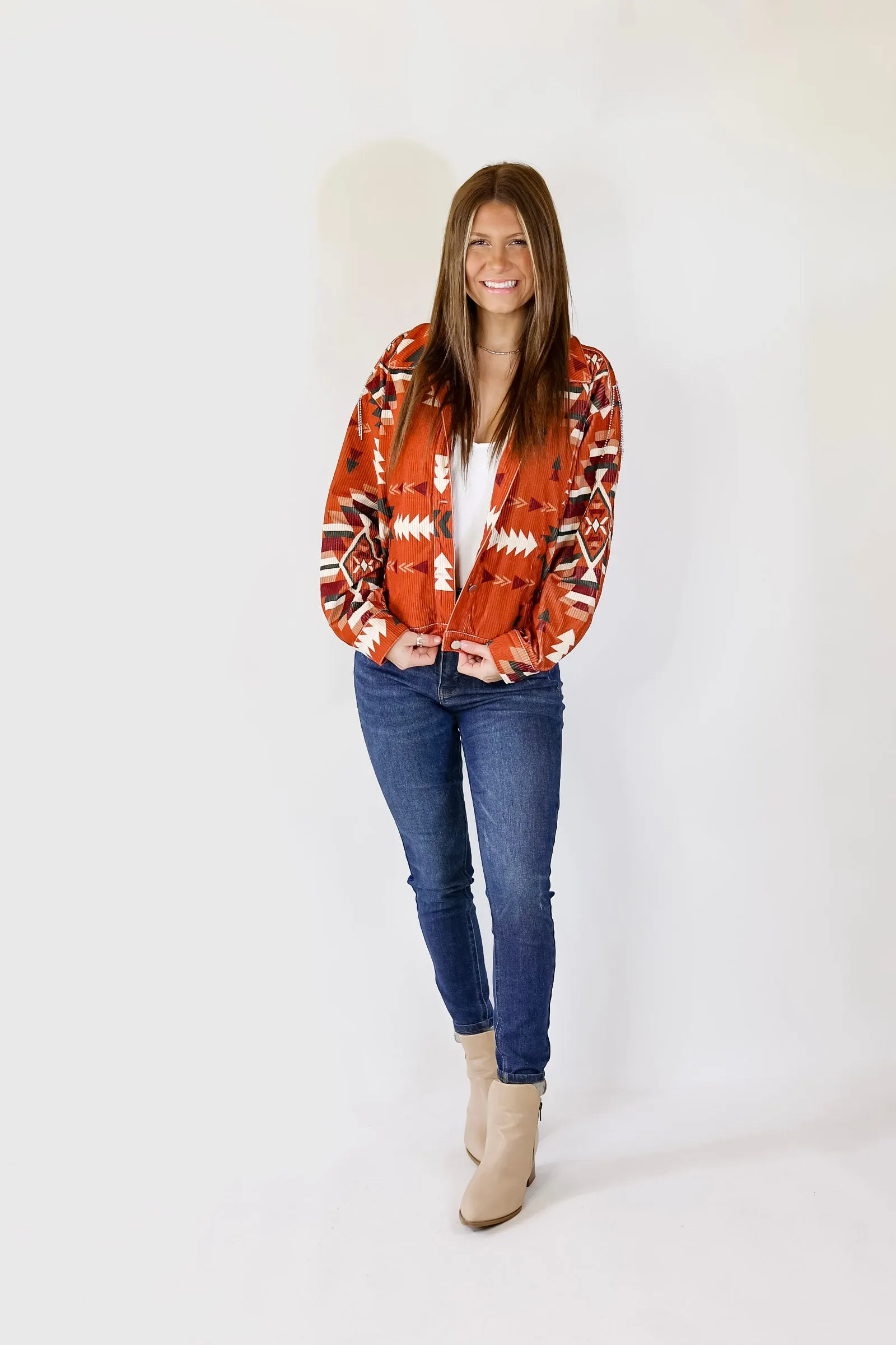 Signature Moves Aztec Print Jacket with Crystal Fringe in Rust Orange