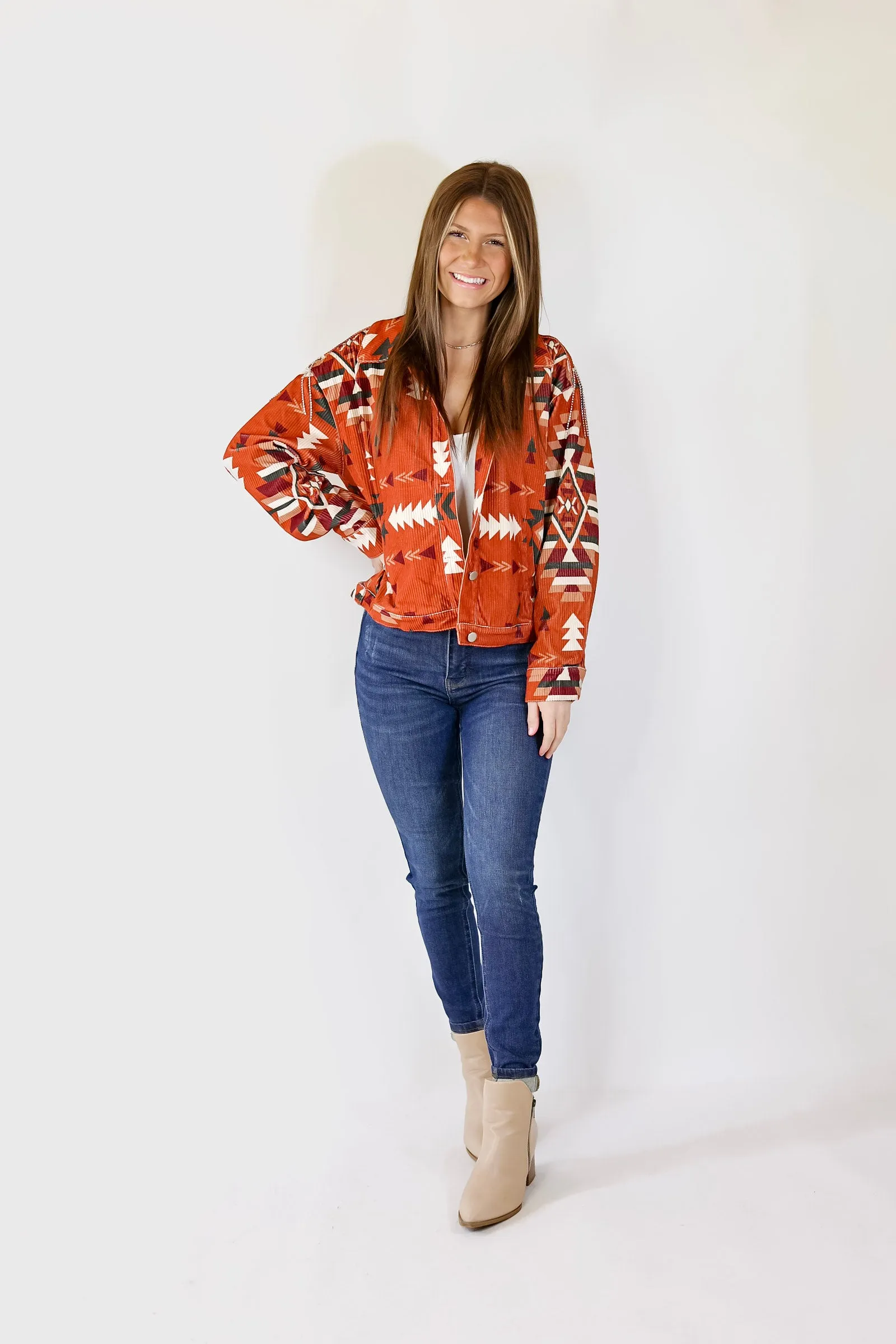 Signature Moves Aztec Print Jacket with Crystal Fringe in Rust Orange