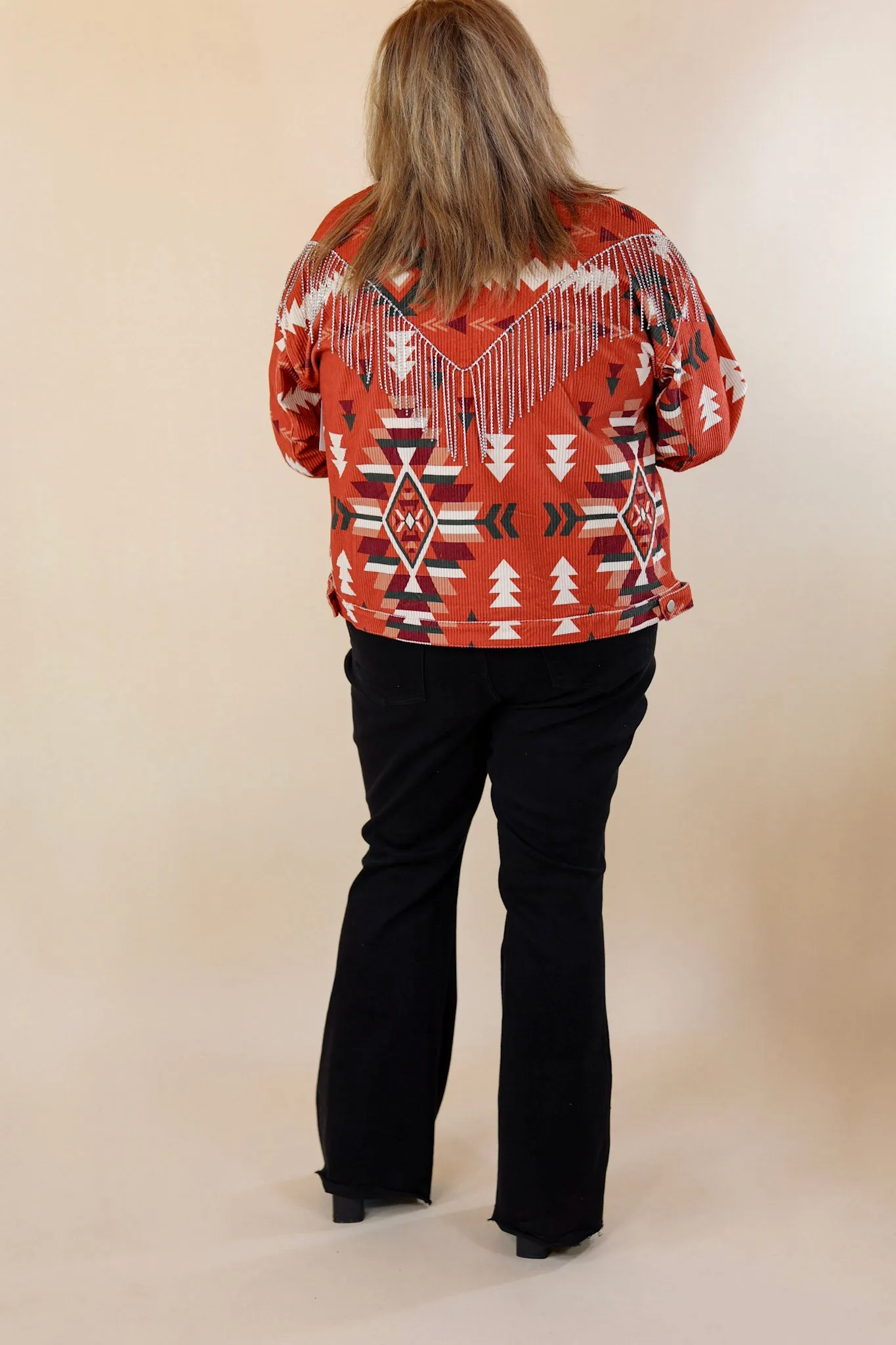 Signature Moves Aztec Print Jacket with Crystal Fringe in Rust Orange