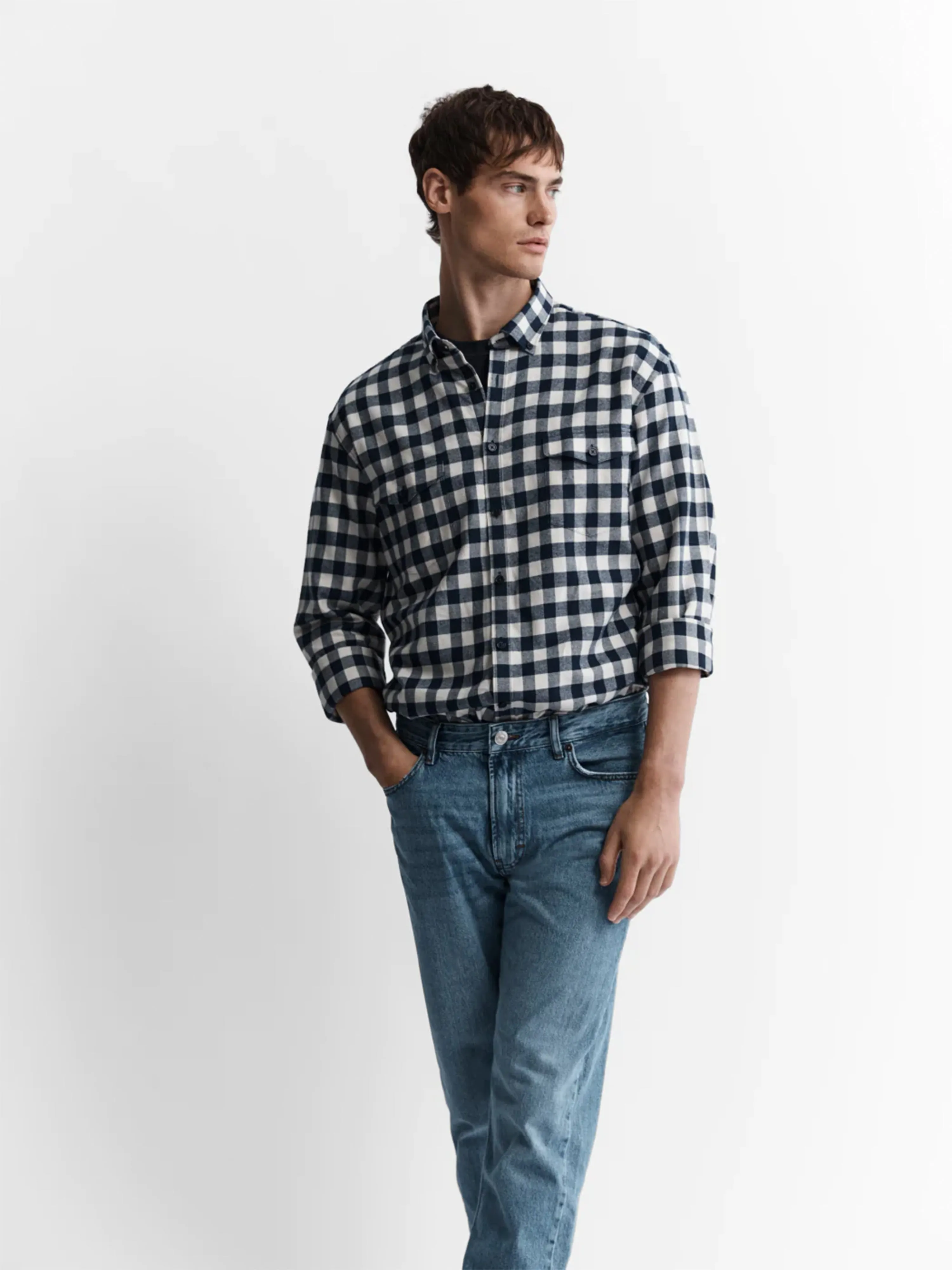 Slim fit Navy & White Buffalo Check Flannel Shirt