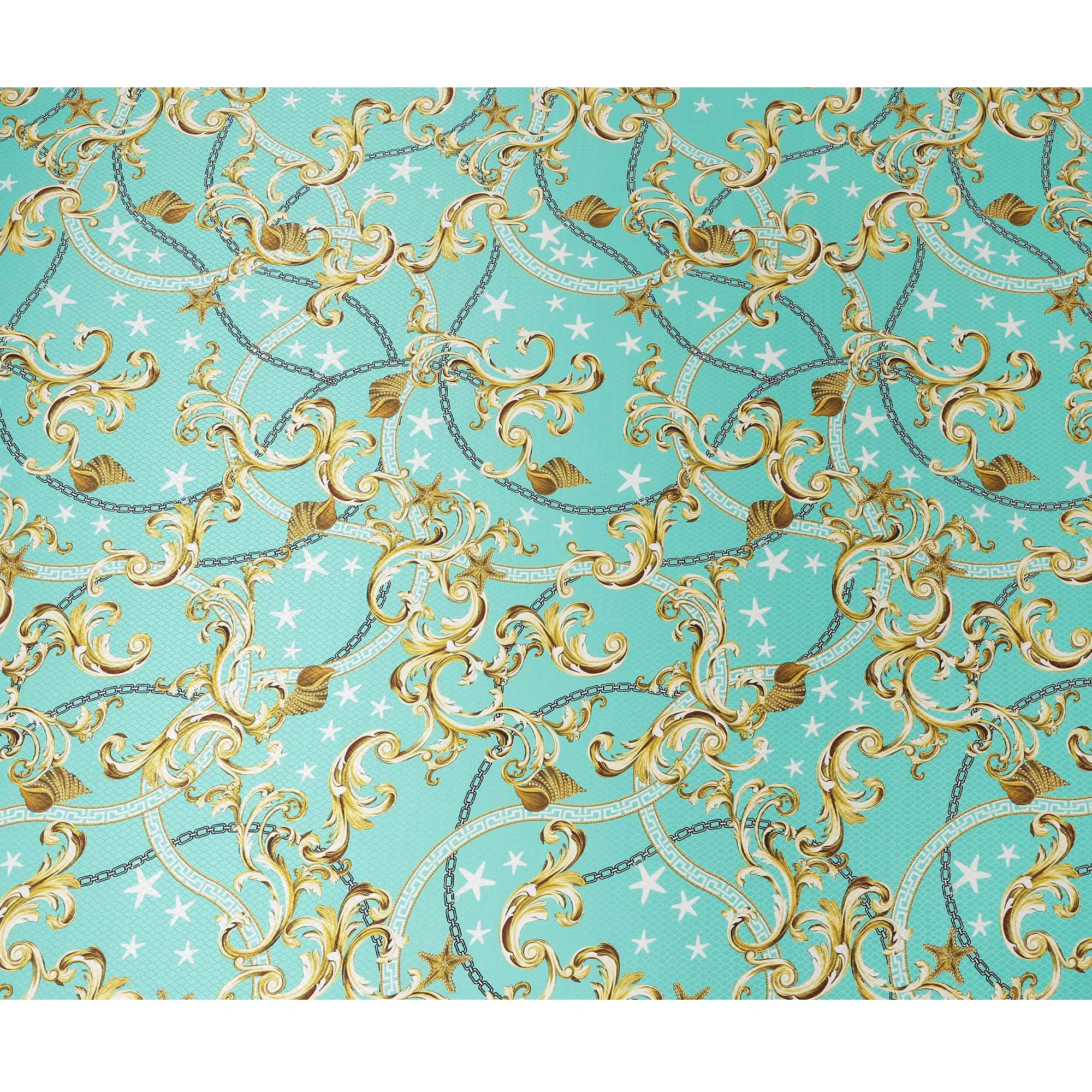 South Korean Silk Satin Jacquard Fabric with Baroque and Star Design on Aqua Background – 150 cm Width-D20341