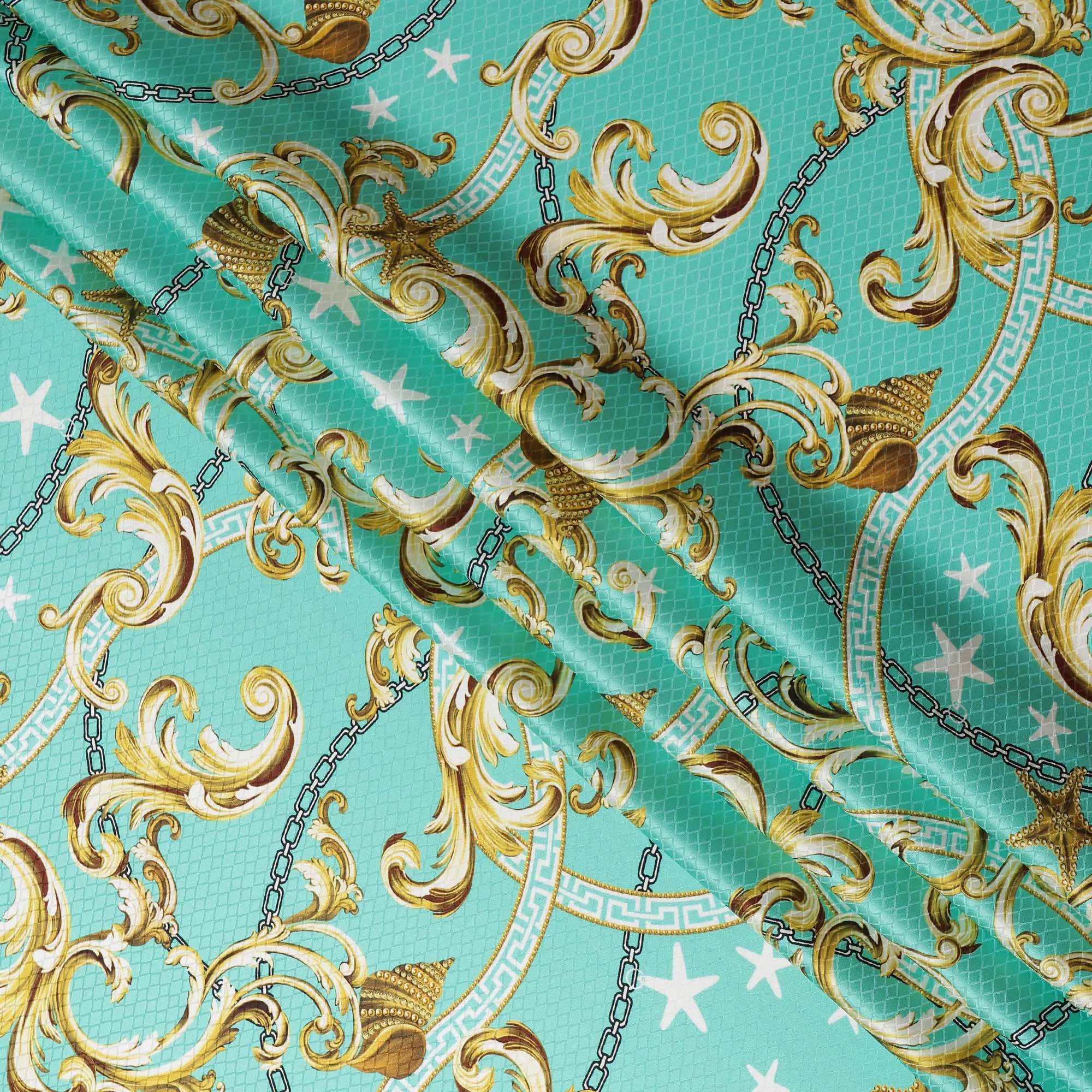 South Korean Silk Satin Jacquard Fabric with Baroque and Star Design on Aqua Background – 150 cm Width-D20341