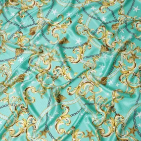 South Korean Silk Satin Jacquard Fabric with Baroque and Star Design on Aqua Background – 150 cm Width-D20341