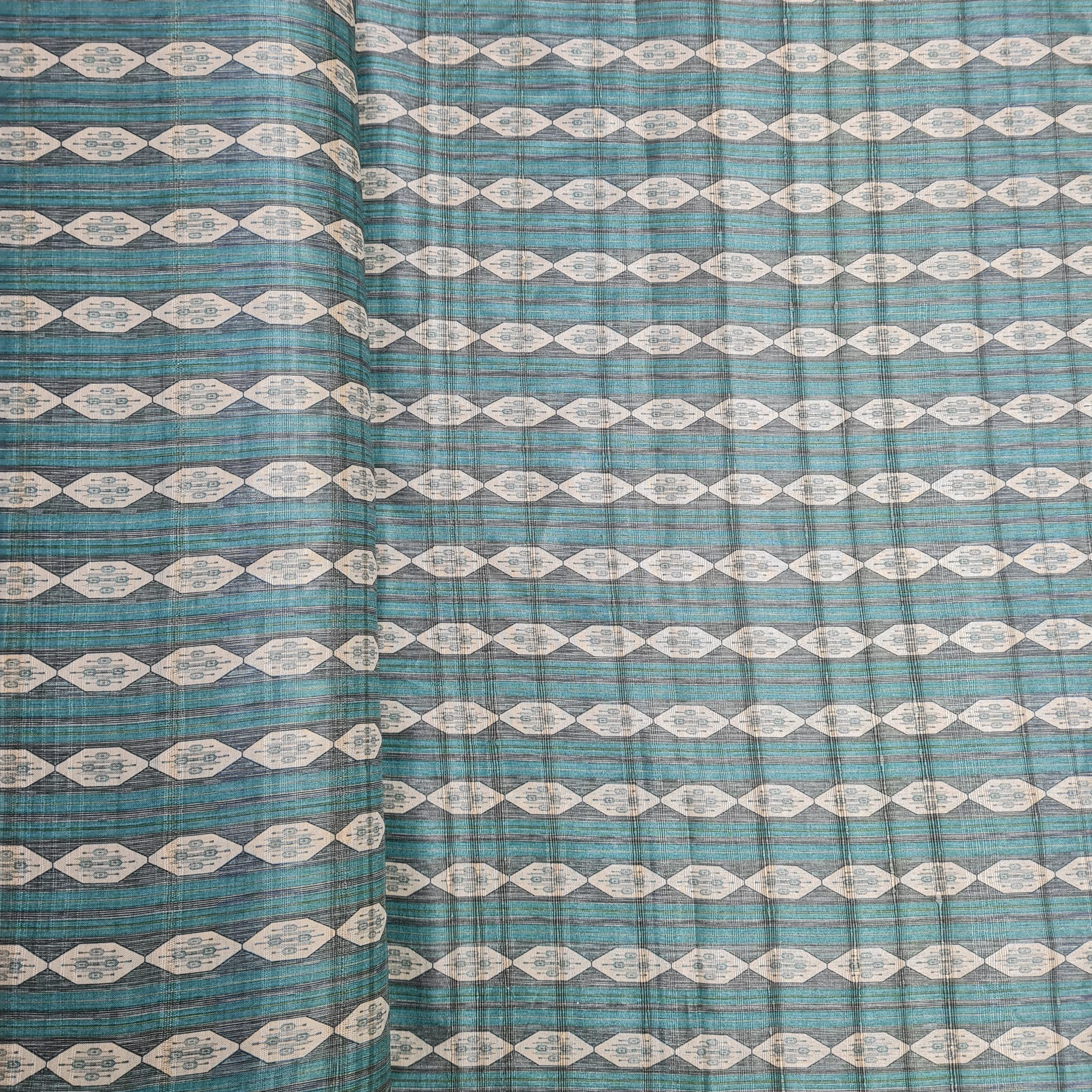 Teal Green Geometrical Print Dobbysser Silk Fabric