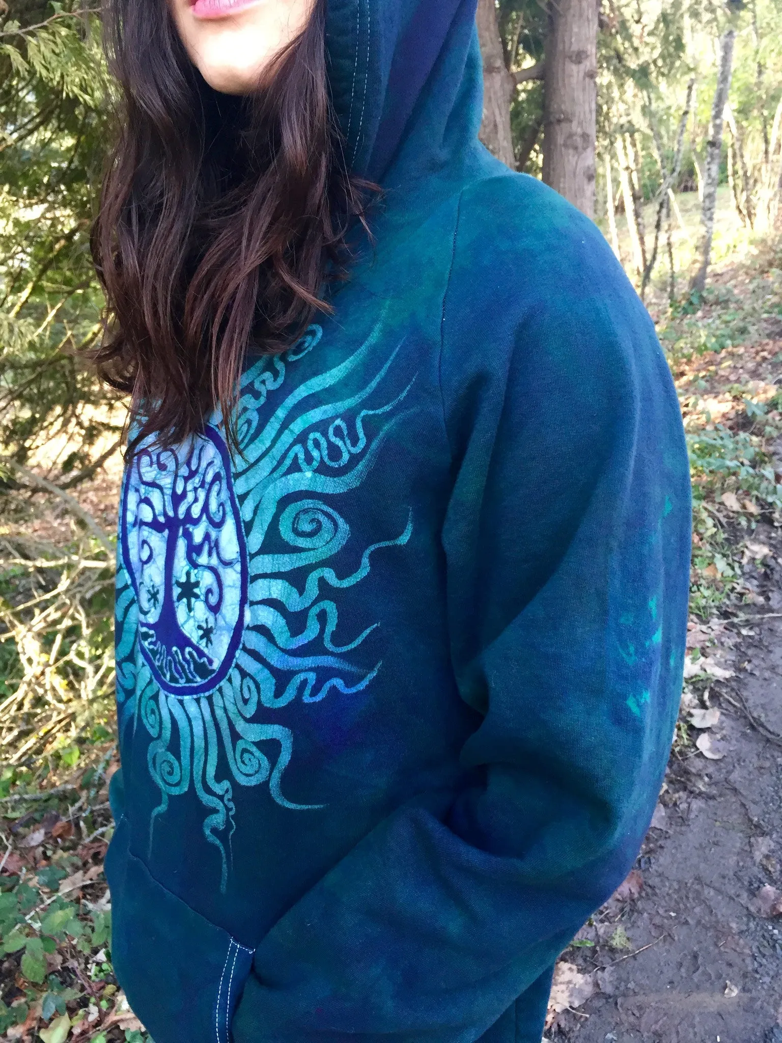 Teal Tree of Life Handmade Batik Pullover Hoodie