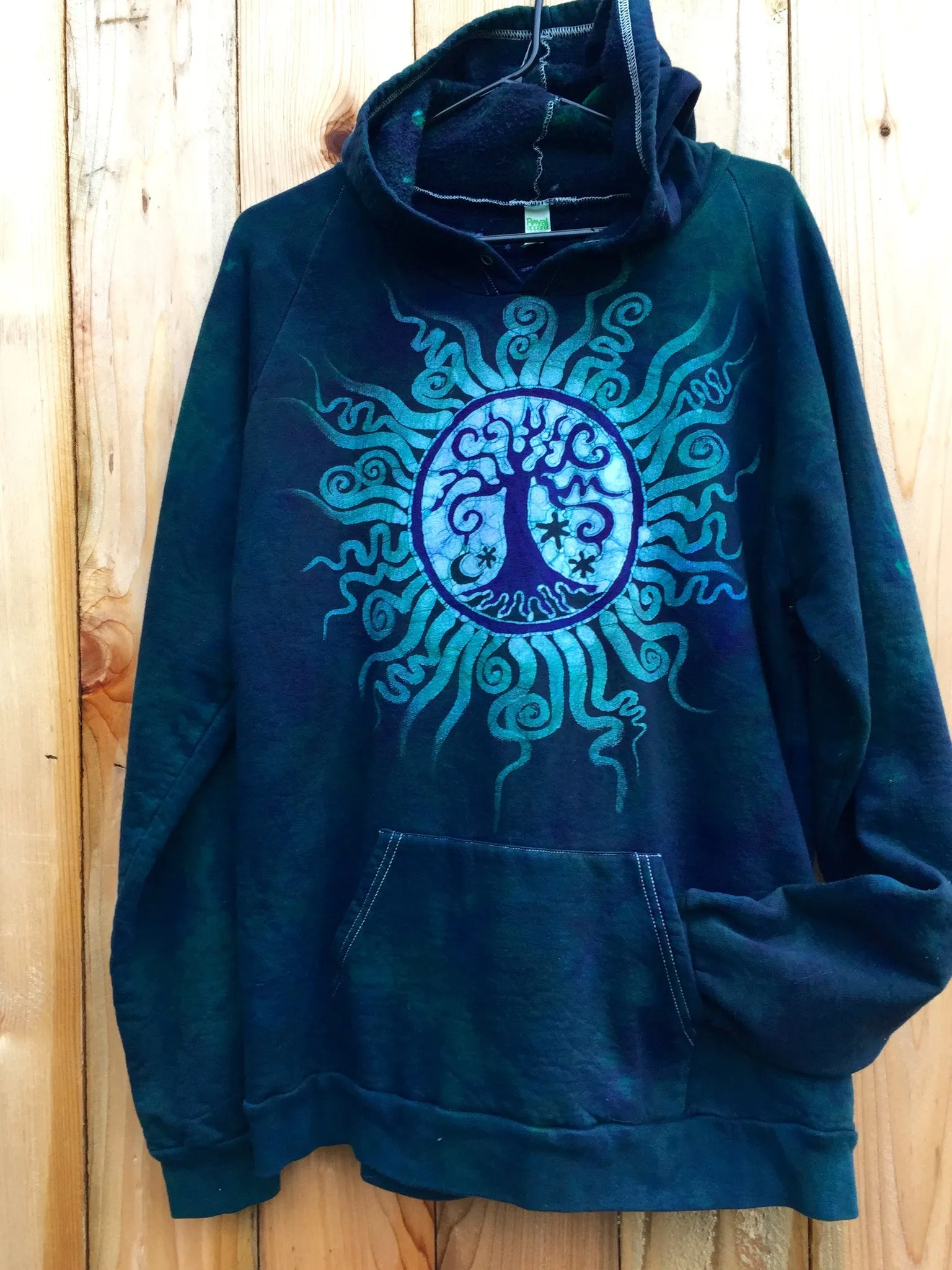 Teal Tree of Life Handmade Batik Pullover Hoodie