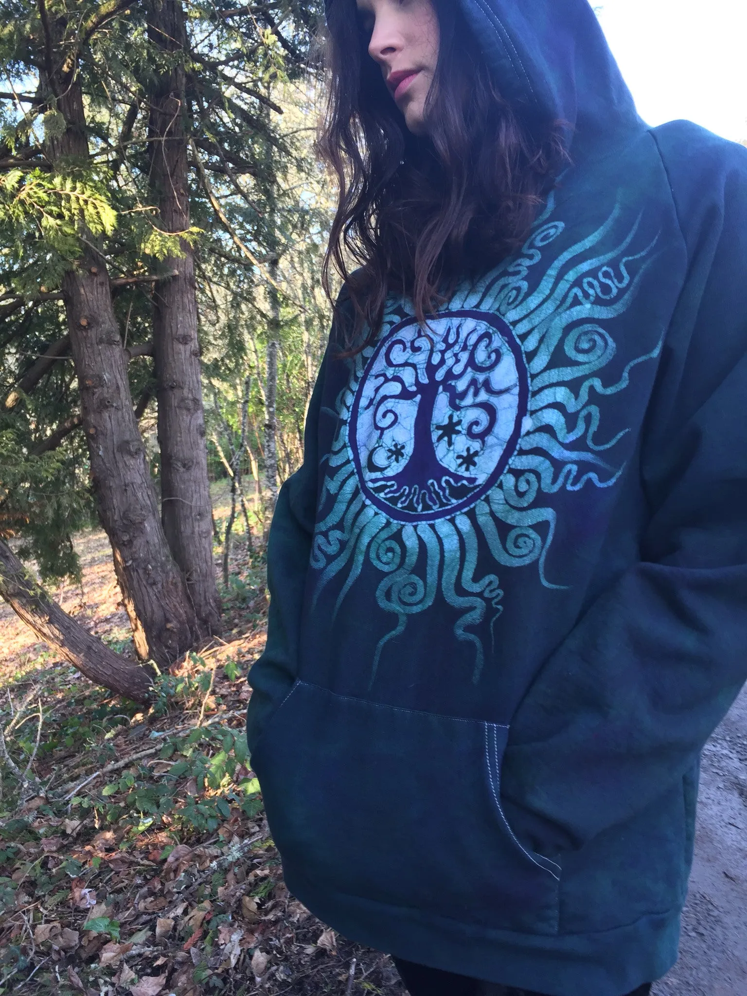 Teal Tree of Life Handmade Batik Pullover Hoodie