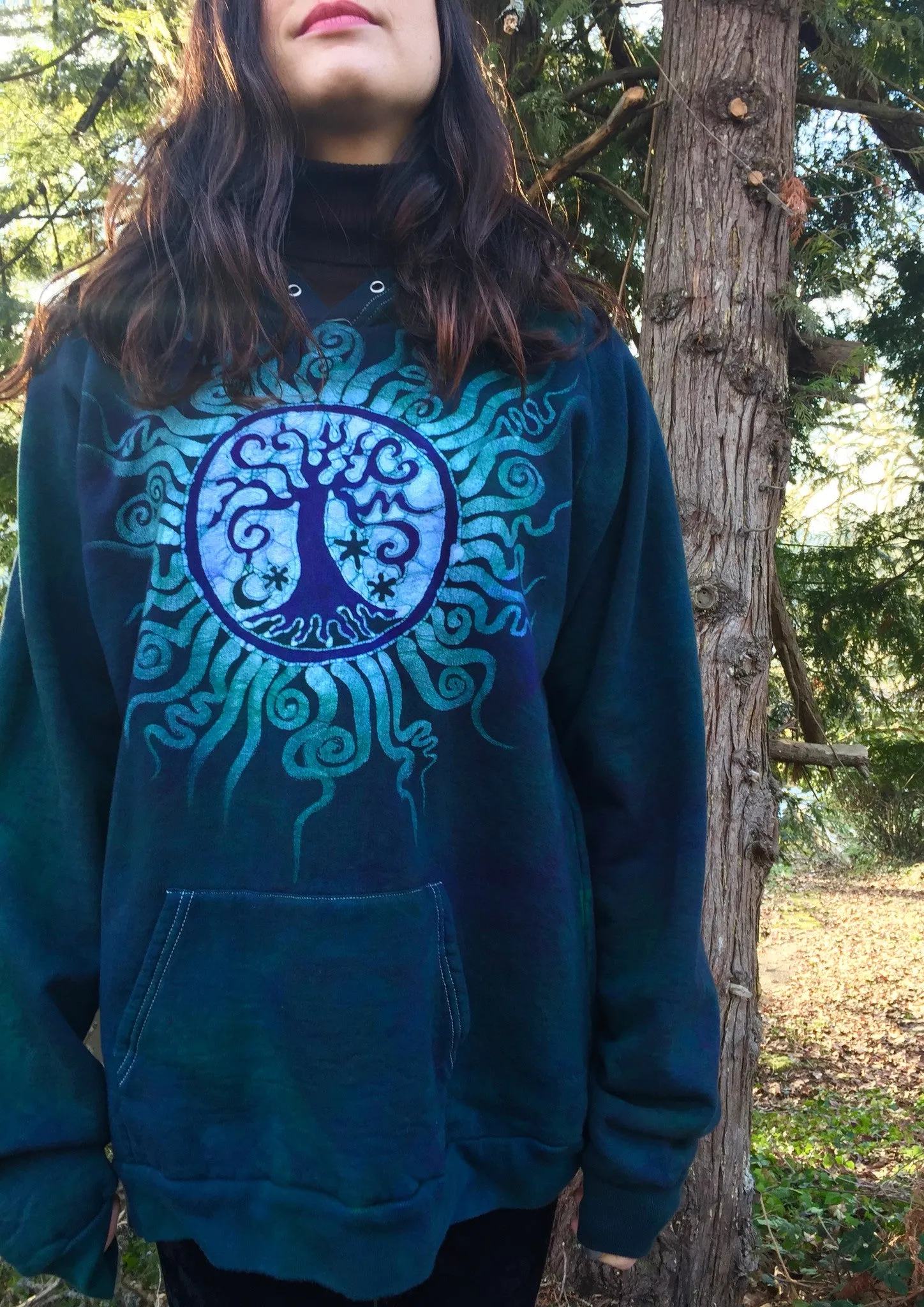 Teal Tree of Life Handmade Batik Pullover Hoodie