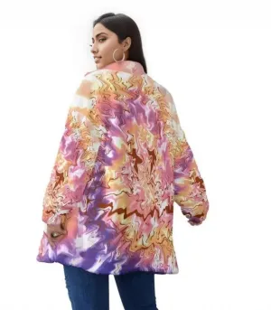 Tie-Dye Women's Block Borg Stand-up Collar Coat With Zipper Voluptuous ( ) Plus Size