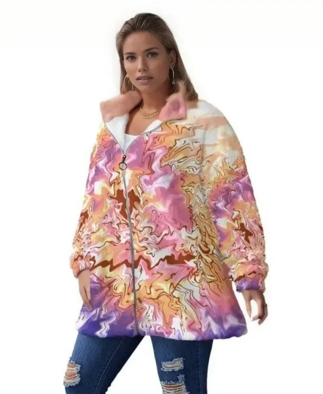 Tie-Dye Women's Block Borg Stand-up Collar Coat With Zipper Voluptuous ( ) Plus Size