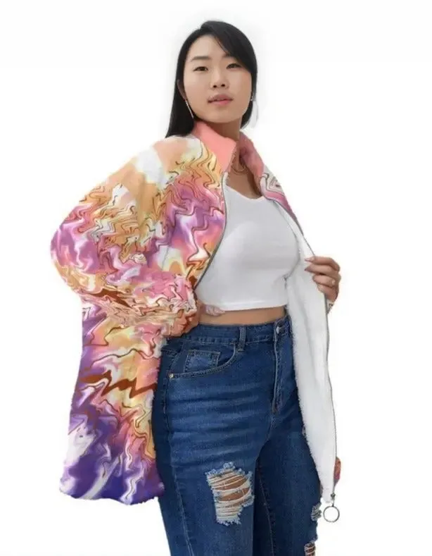 Tie-Dye Women's Block Borg Stand-up Collar Coat With Zipper Voluptuous ( ) Plus Size