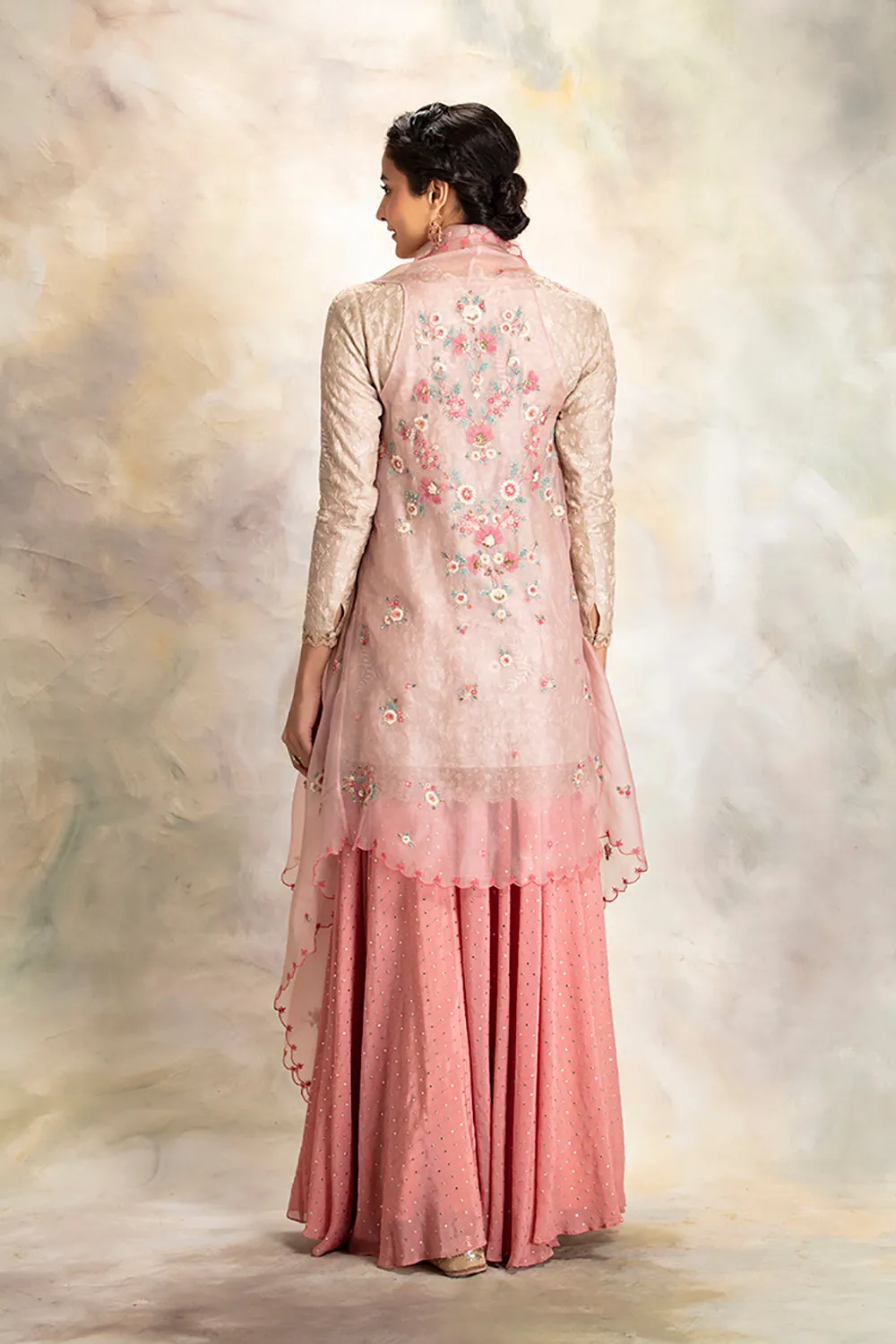 Toosh Self Floral Embroidered Short Kurti With Sharara & Cape