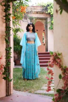 Turquoise Satin Silk Cape Set