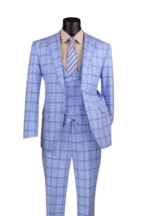 Vinci Modern Fit Windowpane Suit 3 Piece with U-Neck Vest Light Blue MV2W-5